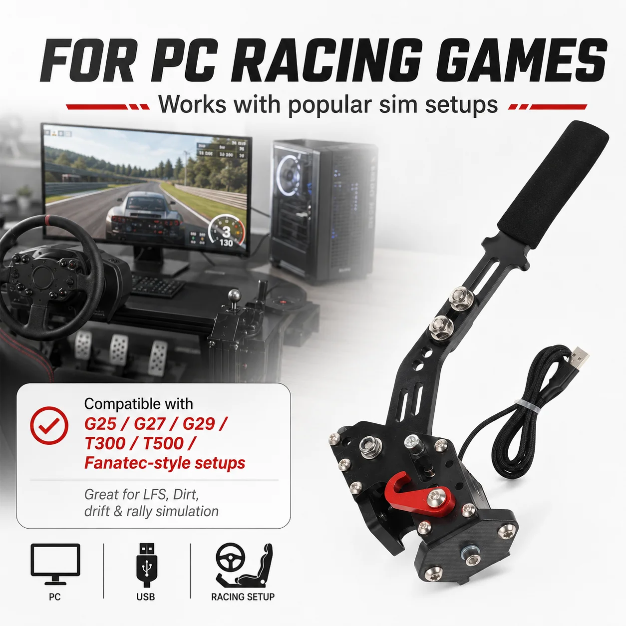 14비트 PC USB 핸드브레이크 레이싱 시뮬레이터 (로지텍 G25 G27 G29, 트러스트마스터 T300 T500, 파나텍 OSW LFS, 더트 랠리 시뮬레이션 게임용)