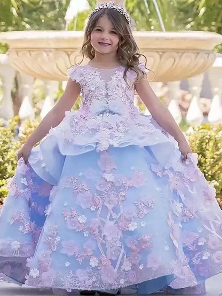 

Luxury Blue Princess Ball Gown Girl Dress First Communion Prom Costumes Dresses Short Sleeve Ruffles Flower Lace 3D Appliques