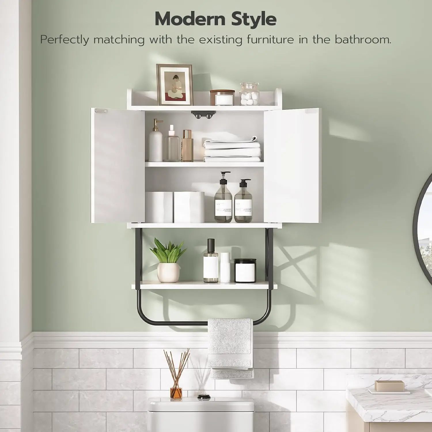 Medicine Wall Cabinet with Mirror, Bathroom Storage Cabinet with Hidden Space and Towel Bar, Double Mirrored Doors