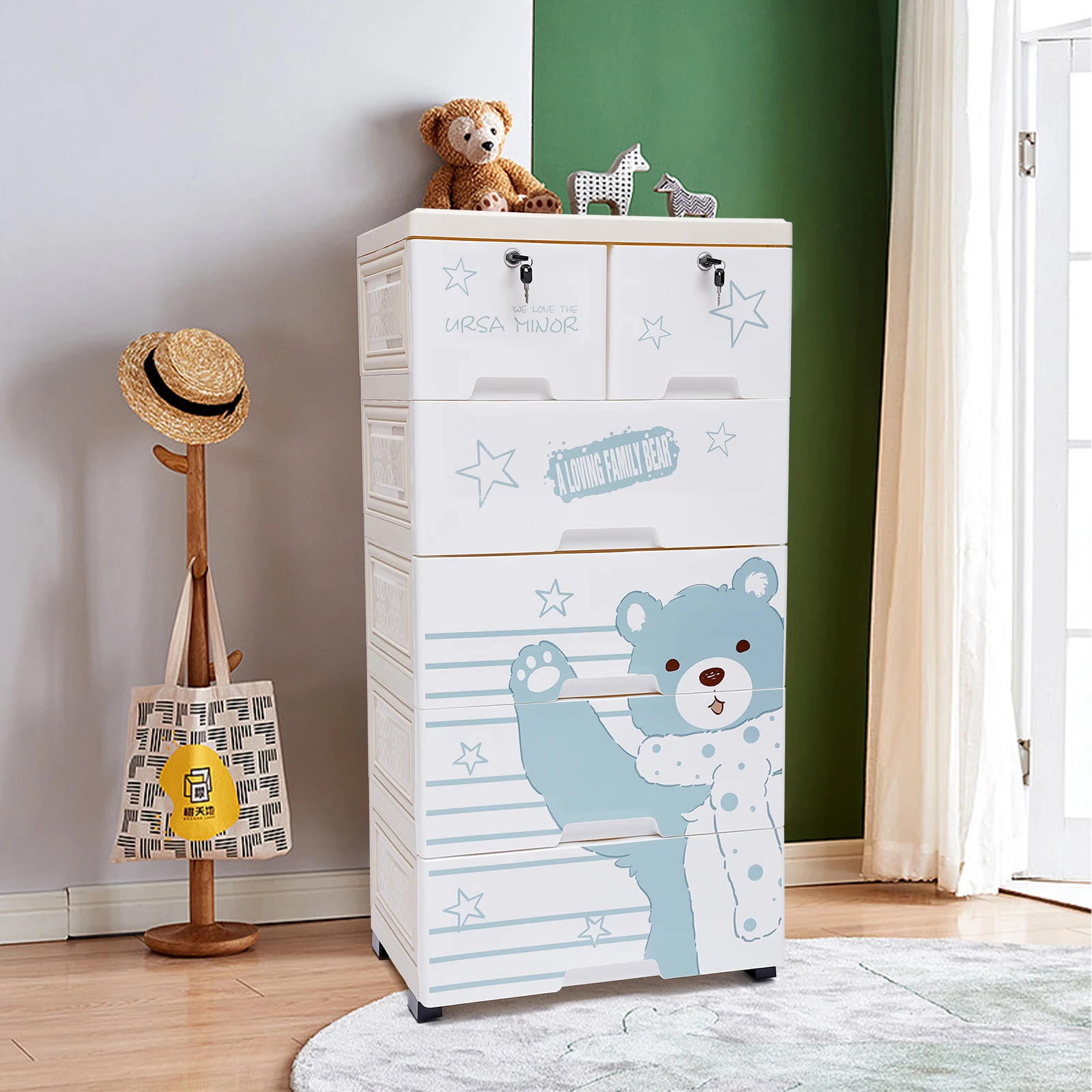 5-Layer Plastic Dresser for Kids, 6 Drawers with Locks, Polar Bear Design Home Storage for Bedroom, Living Room 5