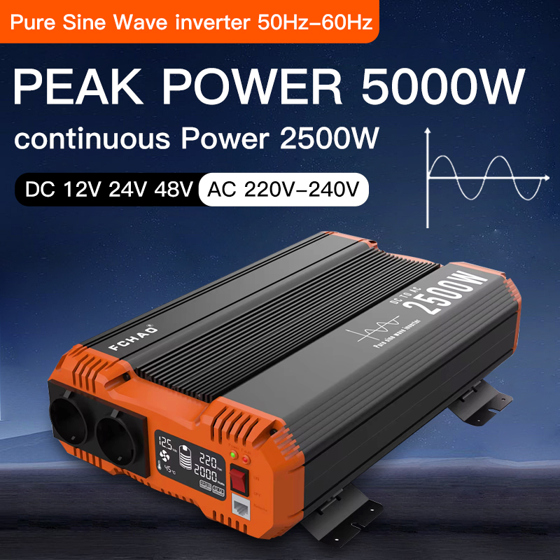 Pure Sine Wave Inverter Power Inverter 5000W DC 12V 24V To AC 220V 230V 50HZ Continuous Power 2500W Suitable For Home And RV