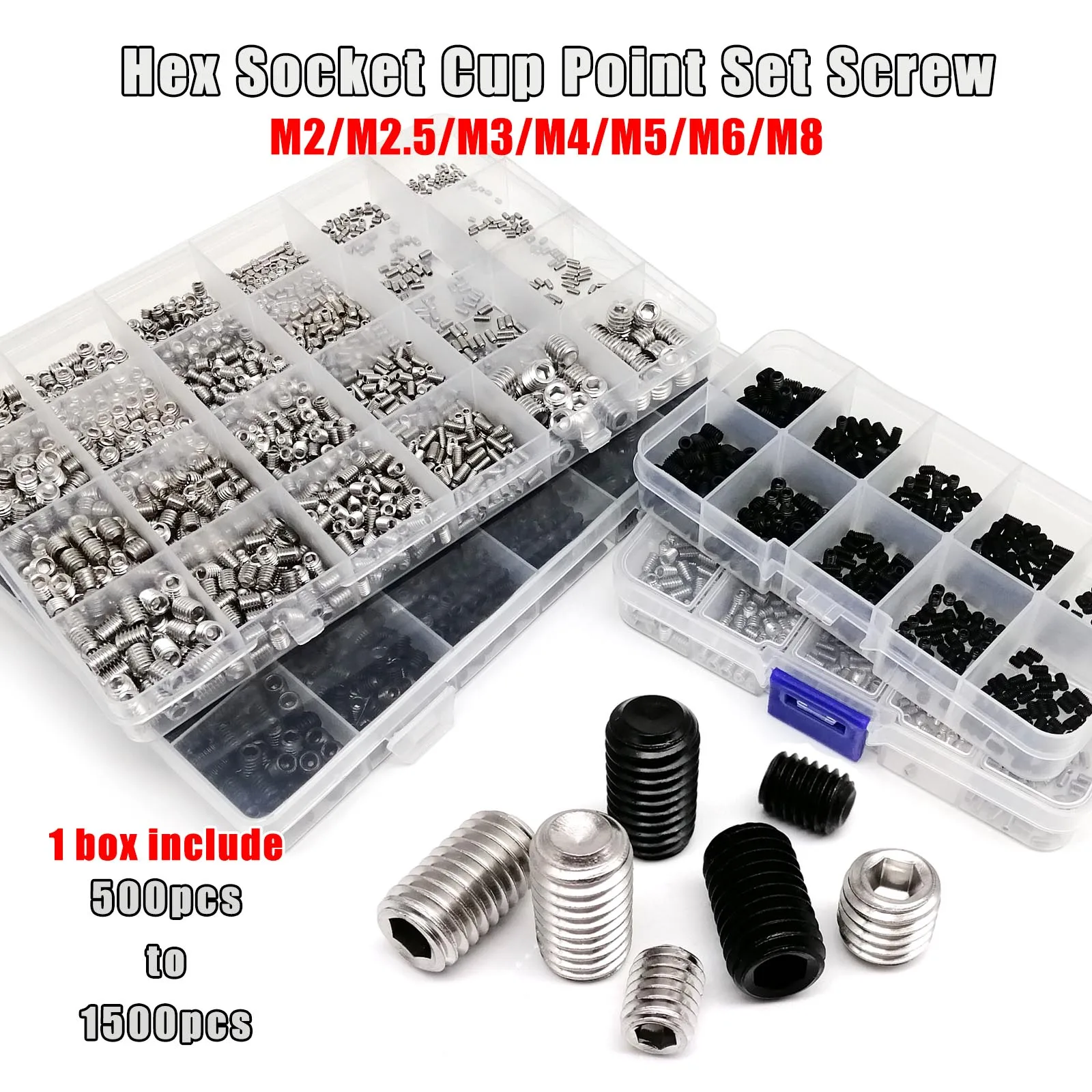 Black Hex Socket Allen Cup Point Grub Screw Assortment Kit - 304 Stainless Steel
