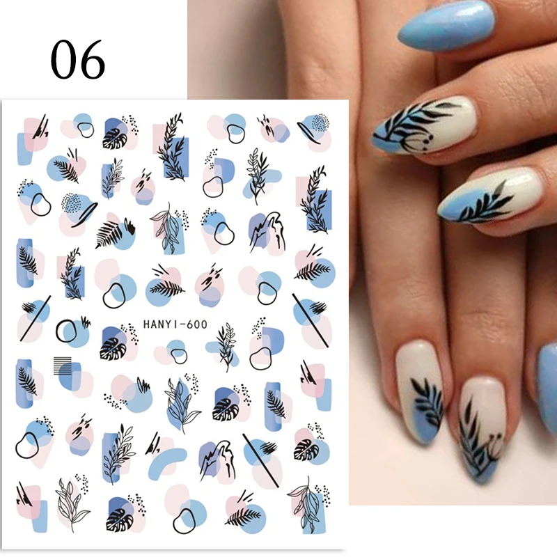 Nail Stickers Purple Flower 3D Watercolor Royalblue White Flowers Holigraphic Leaf Water Decals For Nail Art Manicure Decoration