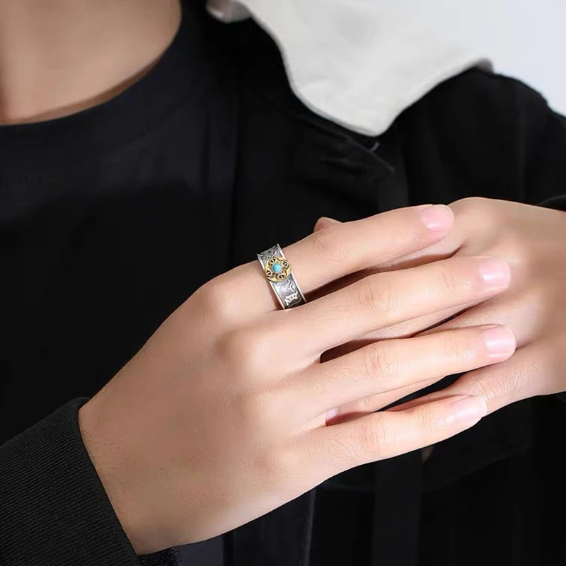 

Retro Style Men 925 Silver Ring Fashion Domineering Six-Character Mantra Blue Stone Open Ring lucky Amulet Jewelry Gift