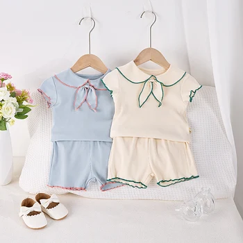Summer baby girls 2-piece doll neck bow short sleeve top + shorts casual suit 1
