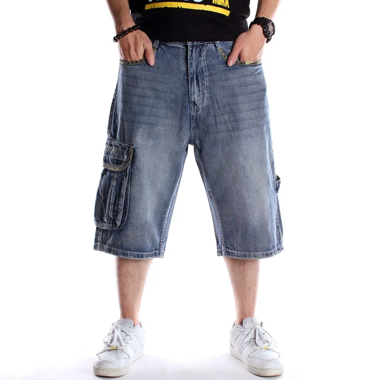 

European and American skateboard pants plus fat plus size hip hop denim shorts men's trend cropped pants loose medium pants