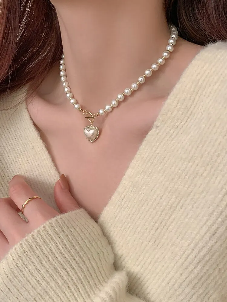 Sad25d08a9cc64552be10ade757998a15a Elegant Pearl Necklace for Women Heart Pendant Necklaces Luxury Imitation Pearls Chain Necklaces Korean Jewelry Girls Gifts Mallzona