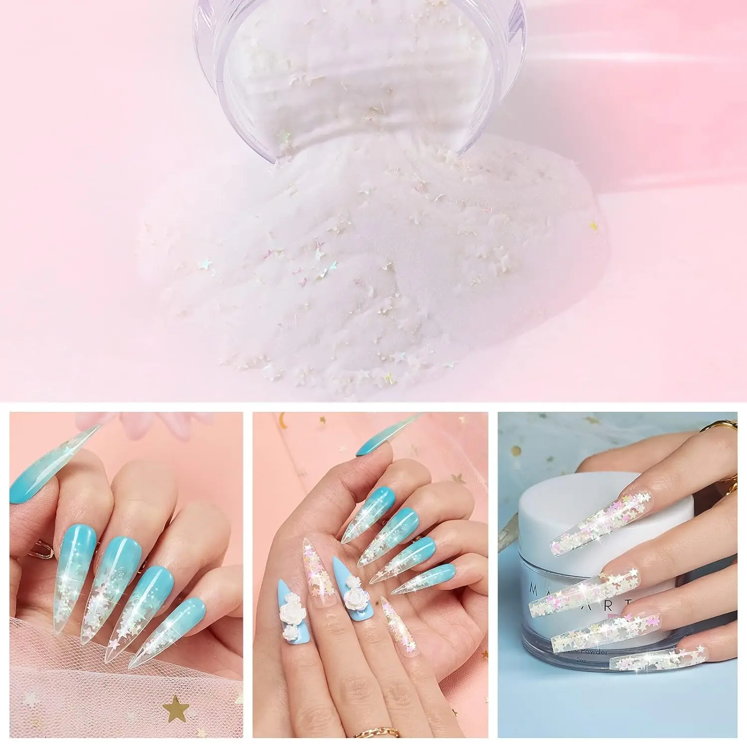 Makartt Glitter Acrylic Nail Powder,2oz Mixed Sparkly Acrylic Powder,Pink Yellow Star Clear Nail Acrylic Powder for Extension 2