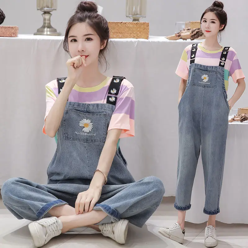 Denim Blue 2021 New Overalls Female Korean Version Loose Age-reducing Fashion Nine-point Jumpsuit Mother Jeans 2021 jeans jumpsuits white high waist jean romper women solid loose casual straight denim overalls female button jumpsuit