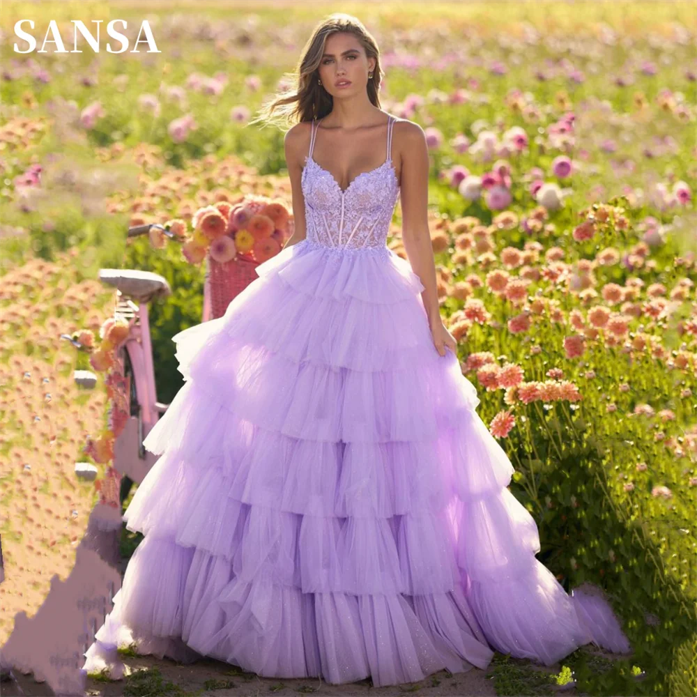 

Sansa Lavender Spaghetti Strap A-line Tulle Prom Dress 2024 Edge Curl Laceفستان حفلات الزفاف Gorgeous Sleeveless Robes De Soirée