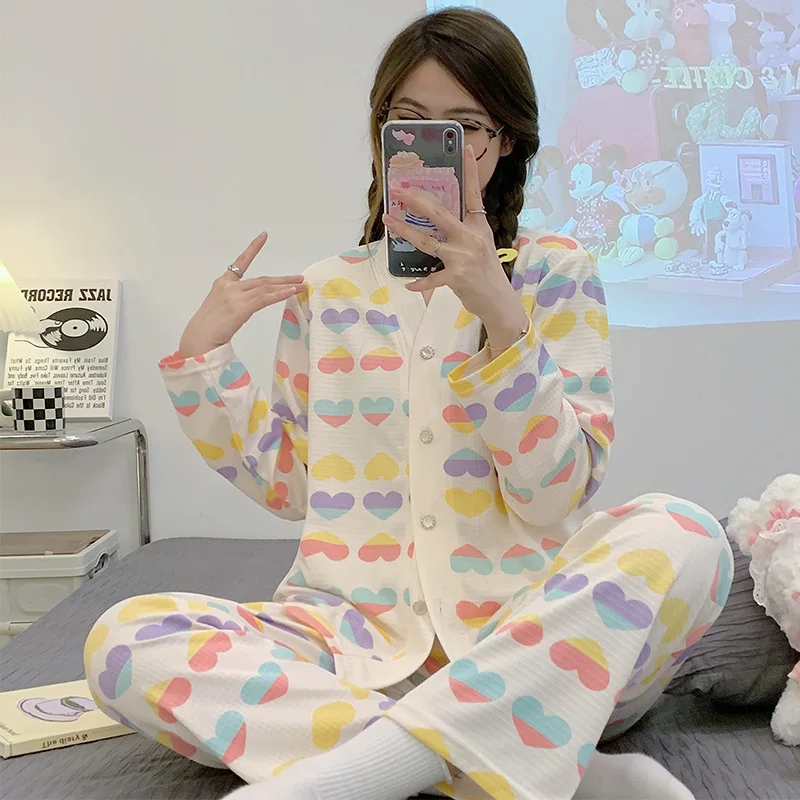 Women's 2 Pieces Pajamas Set 100% Cotton Pyjama Female Pijama Women Homewear Nightwear Sleepwear Long Sleeve Shirt Pants Suit