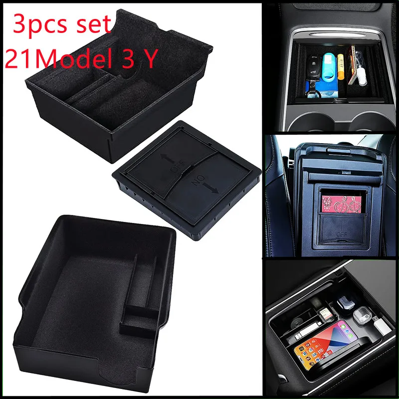 

For 2021 2022 Tesla Model 3 Model Y Storage Box Interior Accessories Flocked Center Console Armrest Hidden Storage Box