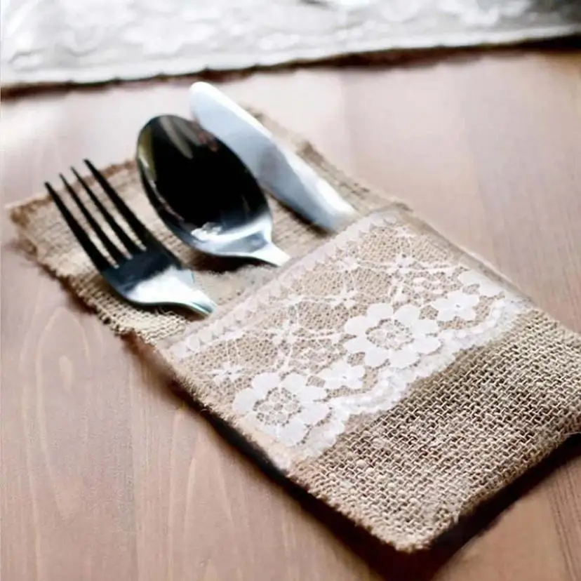 10 Pcs Burlap Lace Cutlery Pouch Wedding Tableware Party Decoration Holder Bag Hessian Rustic Jute 11cm X 21cm