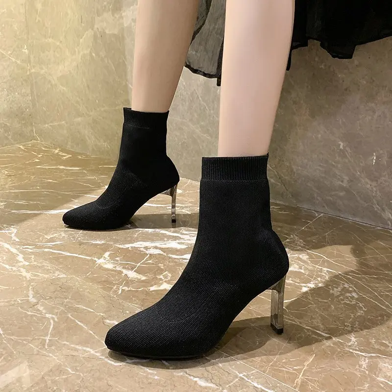 2022 New Fashion Heels Socks Boots Women Stretch Fabric Elastic Stilettos Heel Pointed Toe Ankle Boots Shoes Woman Boats