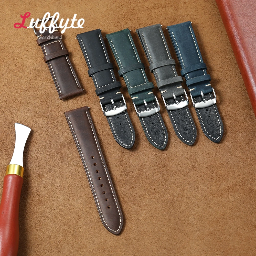 Vintage Style Leather Quick Release Men's Watch Strap - Crazy Horse Bracelet Replacement Band