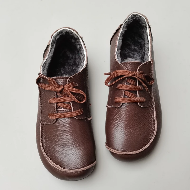 Careaymade-Genuine leather Sheepskin wool women's shoes low top lace up flat soft cow tendon sole warm cotton winter shoes