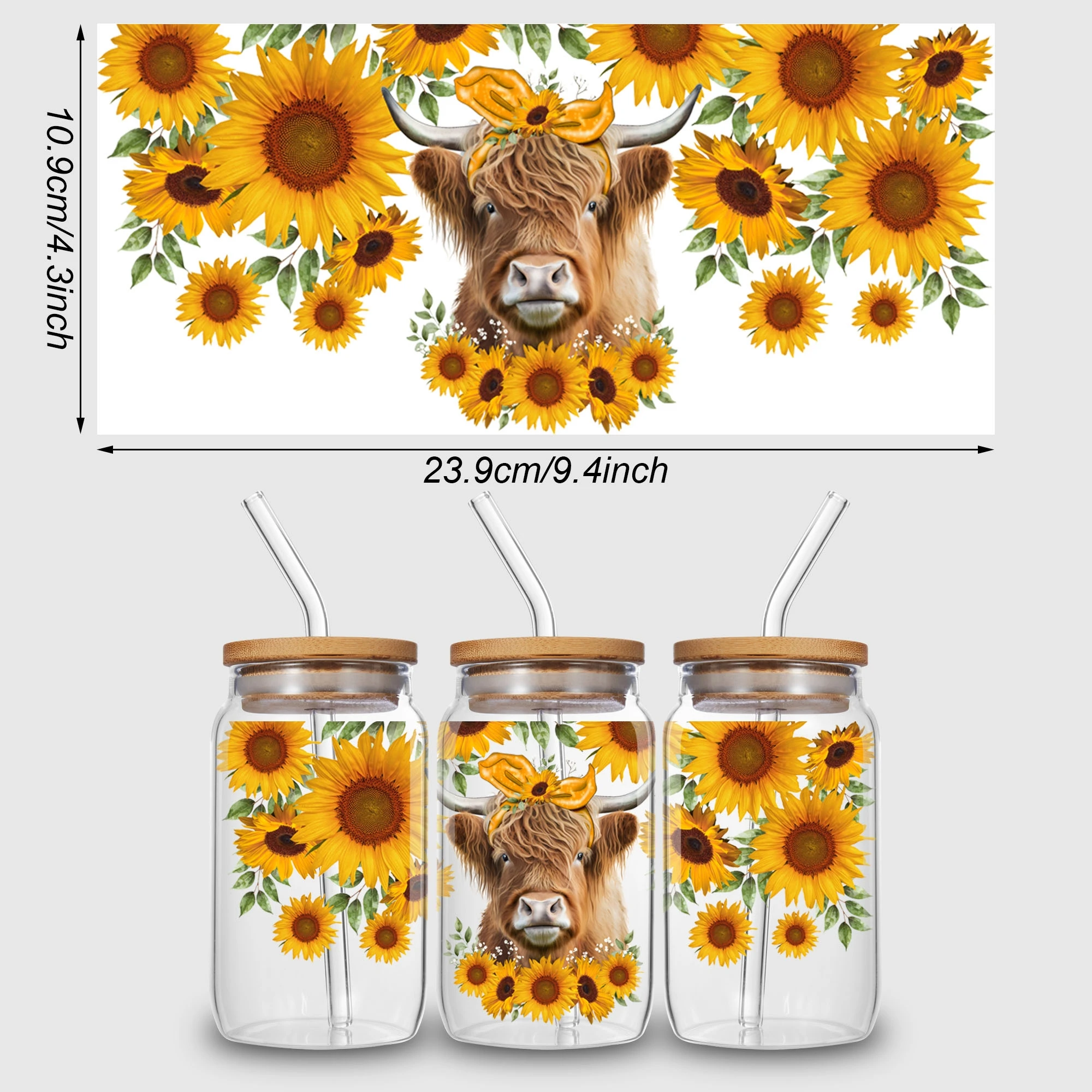 Highland Cow UV DTF Cup Stickers 5 Sheets DTF Transfer Stickers Waterproof Funny Cow Wipe-Off Transfer Paper for 16oz Glass