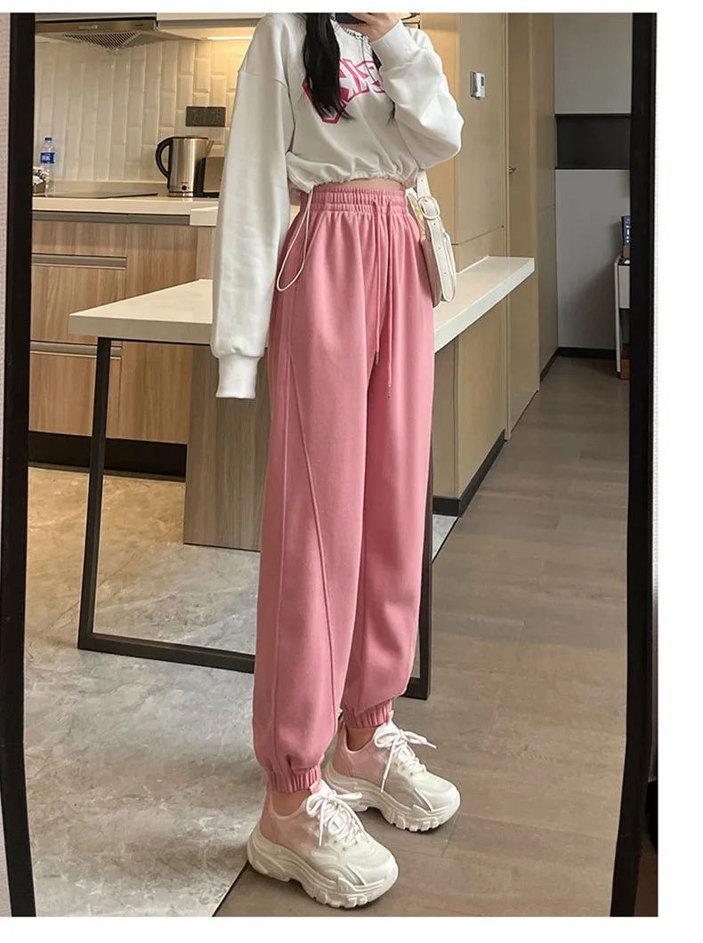 Women High Waist Oversize Leg Loose Joggers Sweatpants Trousers With Elastic Ankle Detail
