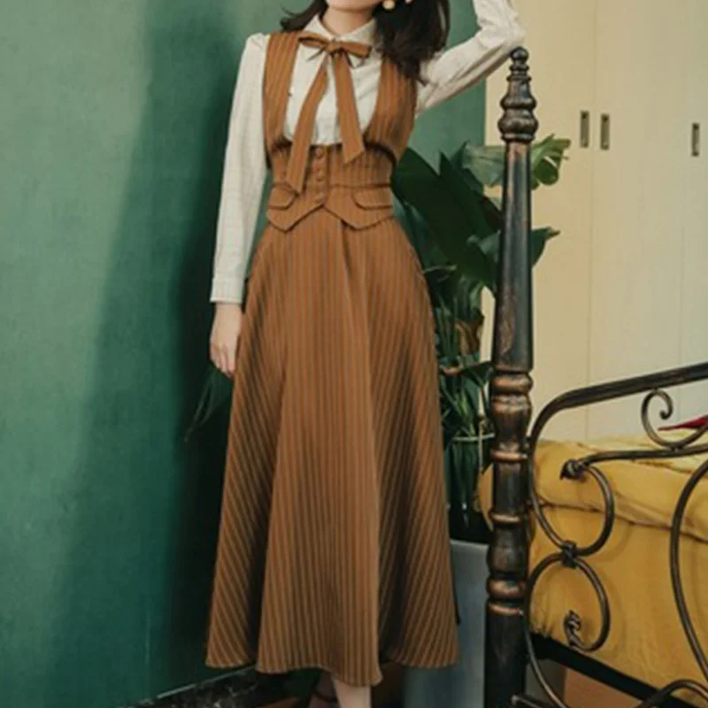 

Новый осенний костюм из трех предметов в французском британском ретро-стиле Женская осенне-зимняя полосатая жилетка с высокой талией юбка-рубашка женское платье