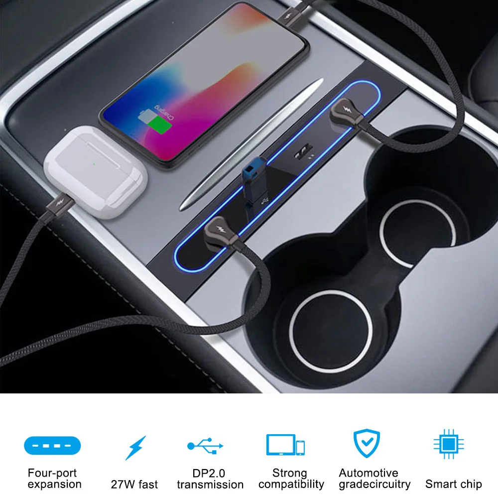 

For Tesla 4-Port USB Hub Shunt Extender Docking Station 27W Fast Charging Splitter Glovebox Electric Vehicle Accessory Model 3/Y