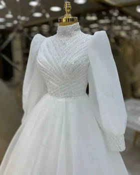 Abito da Sposa Islamico Personalizzato Ciynsia 2026, Vestito da Sposa con Perline, Maniche a Sbuffo in Organza, Collo Alto, Abito Nuziale
