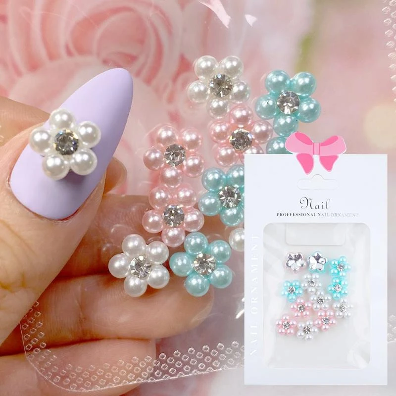 10pcs Pearl Flower Nail Art Jewelry Vintage Korea 3d Rhinestones Stereo Pile Nail Charms Blooming Floret Manicure Decors Parts Aliexpress