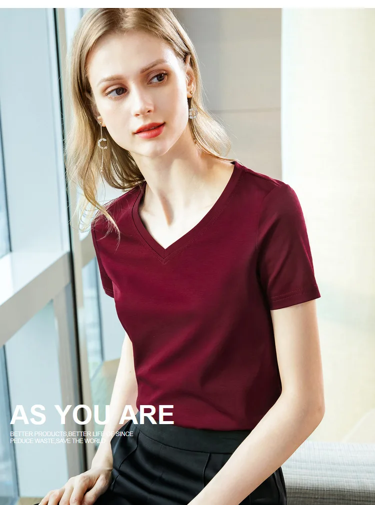 Ice Sensitive Silk Cotton V-neck Short Sleeved T-shirt for Women's Solid Round Neck Basic Commuting Elastic Oversized Top