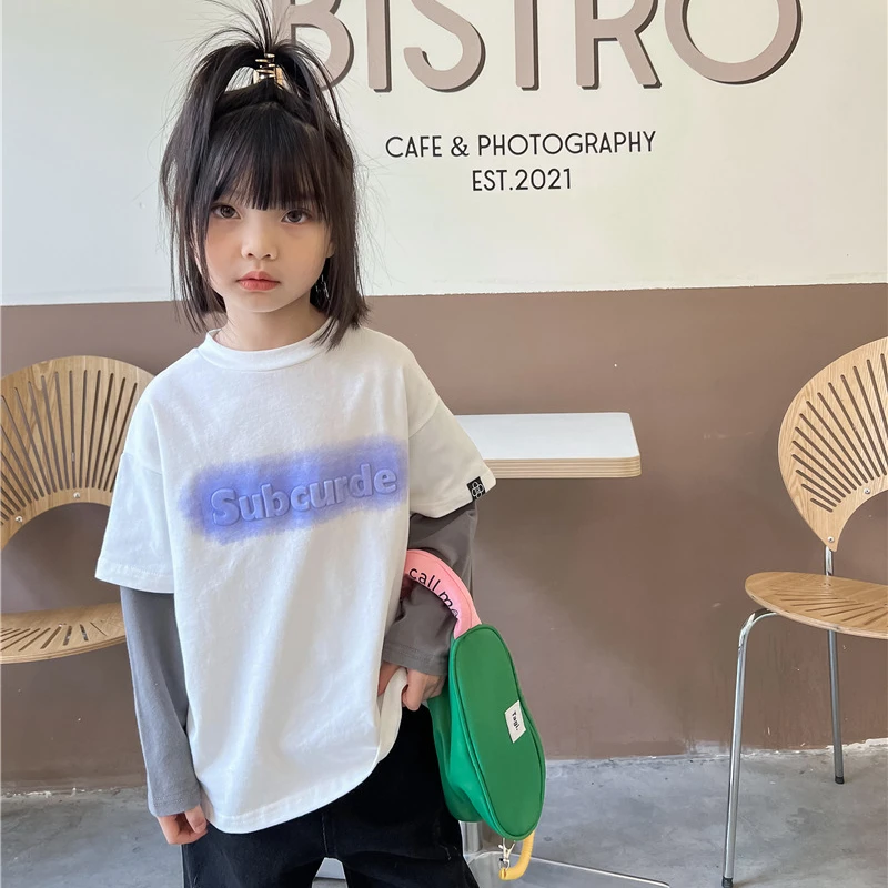 Children's Spring Autumn Fake Two Piece Top for Boys and Girls Splice Long Sleeve T-shirt Long Sleeve Round Neck