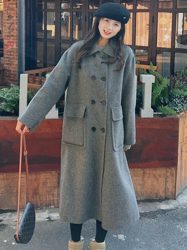 

LANMREMKorean Style Woolen Long Coat Women Lapel Double Breasted Solid Color Clothing Fashion 2023 Winter New Clothing 2AA4140