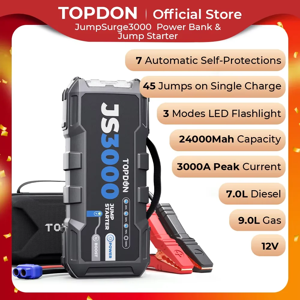 Topdon JS3000 3000A Jump Starter Power Bank 12V Car Starting Device 24000Mah Battery Jump Start car jump starter jump starter For 9L Gas&7L Diesel