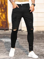 Fashion Men's Street Ripped Jeans Pure Black Stretch Tight Small Foot Pencil Pants Boyfriend Club Clothing Denim Ropa Hombre 1
