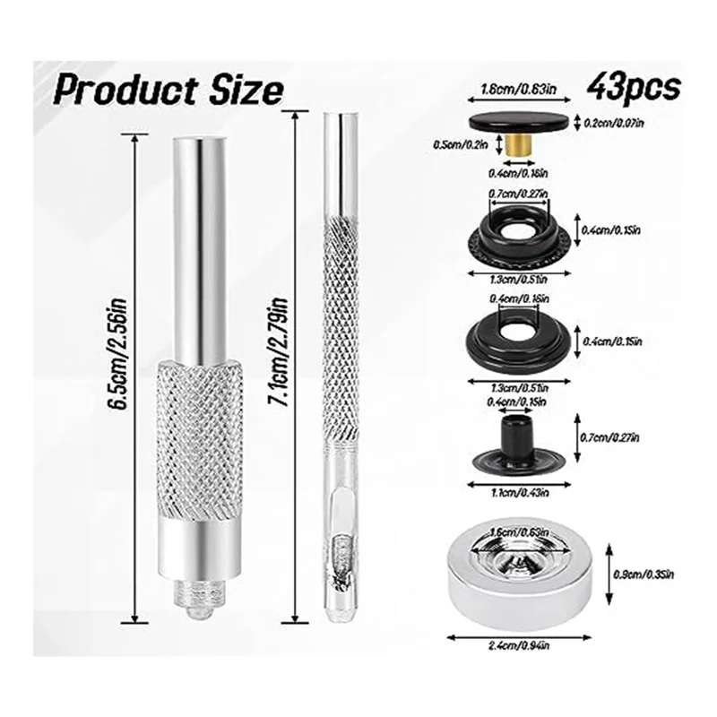 43 Piece Snap Kit With 3 Piece Snap Fixing Tools For Garment Bags, Jackets, Craft Making Supplies