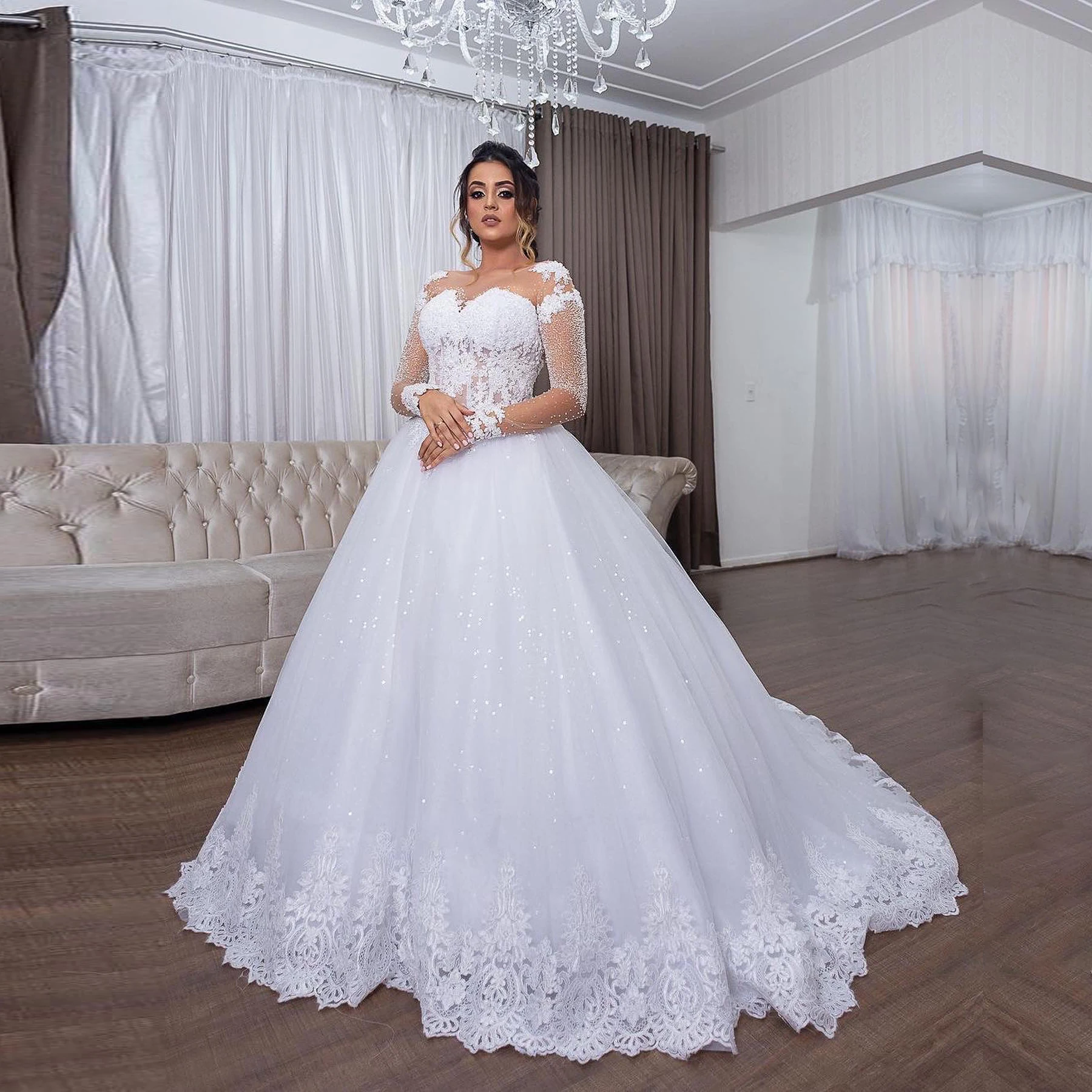 

Sparkly White Wedding Dresses Luxury Crystals Beading Long Sleeves Appliques Bridal Gowns Women Formal Party Bride Clothing 2024