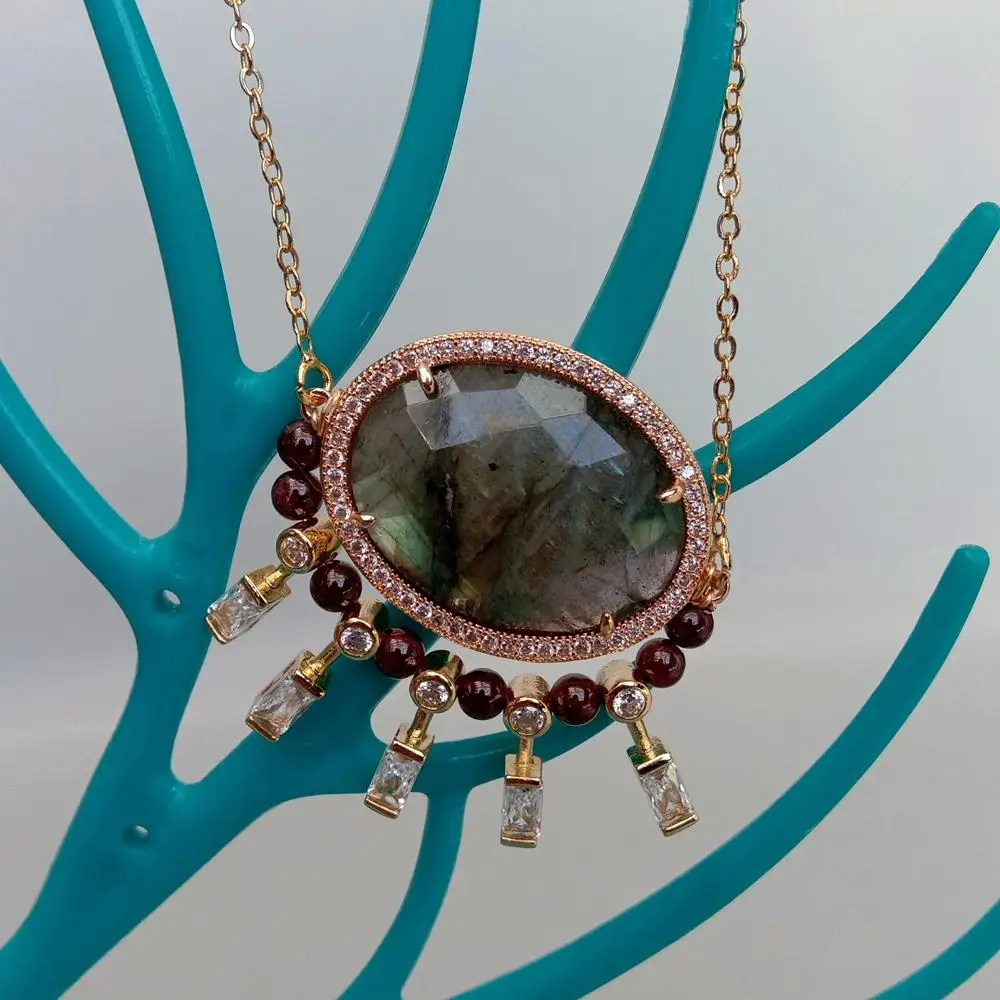 2x30mm Natural Labradorite Garnet Cz Beads Faceted Gemstone Gold Plated Chain Necklace pendant necklace,silver necklace,gold necklace