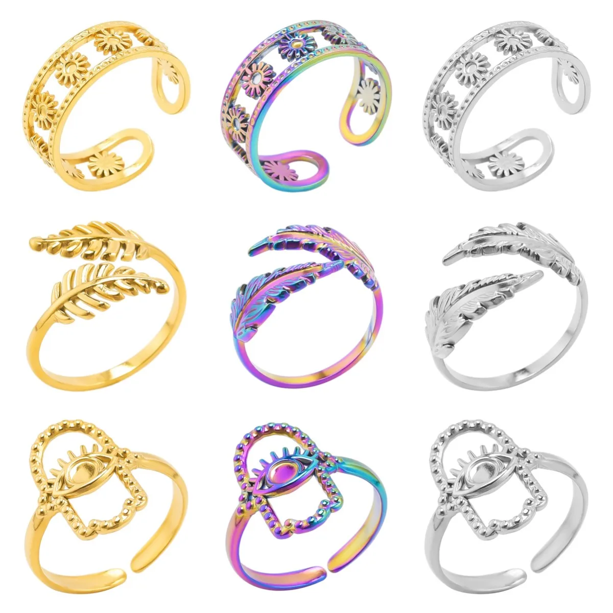 

10pcs 304 Leaves/Flowers Stainless Steel Rings for Women Men Adjustable Wedding Jewelry Hollow Open Ring DIY Metal Accessories
