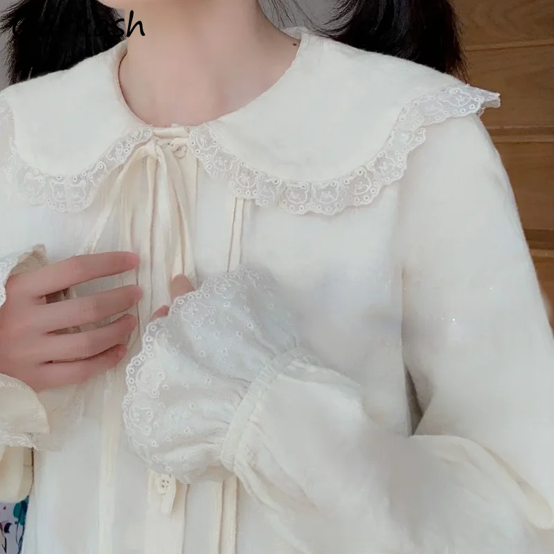 

Женская кружевная рубашка с воротником «Питер Пэн», однотонная элегантная Милая Повседневная Студенческая одежда в японском стиле преппи на шнуровке с длинным рукавом, Camisa