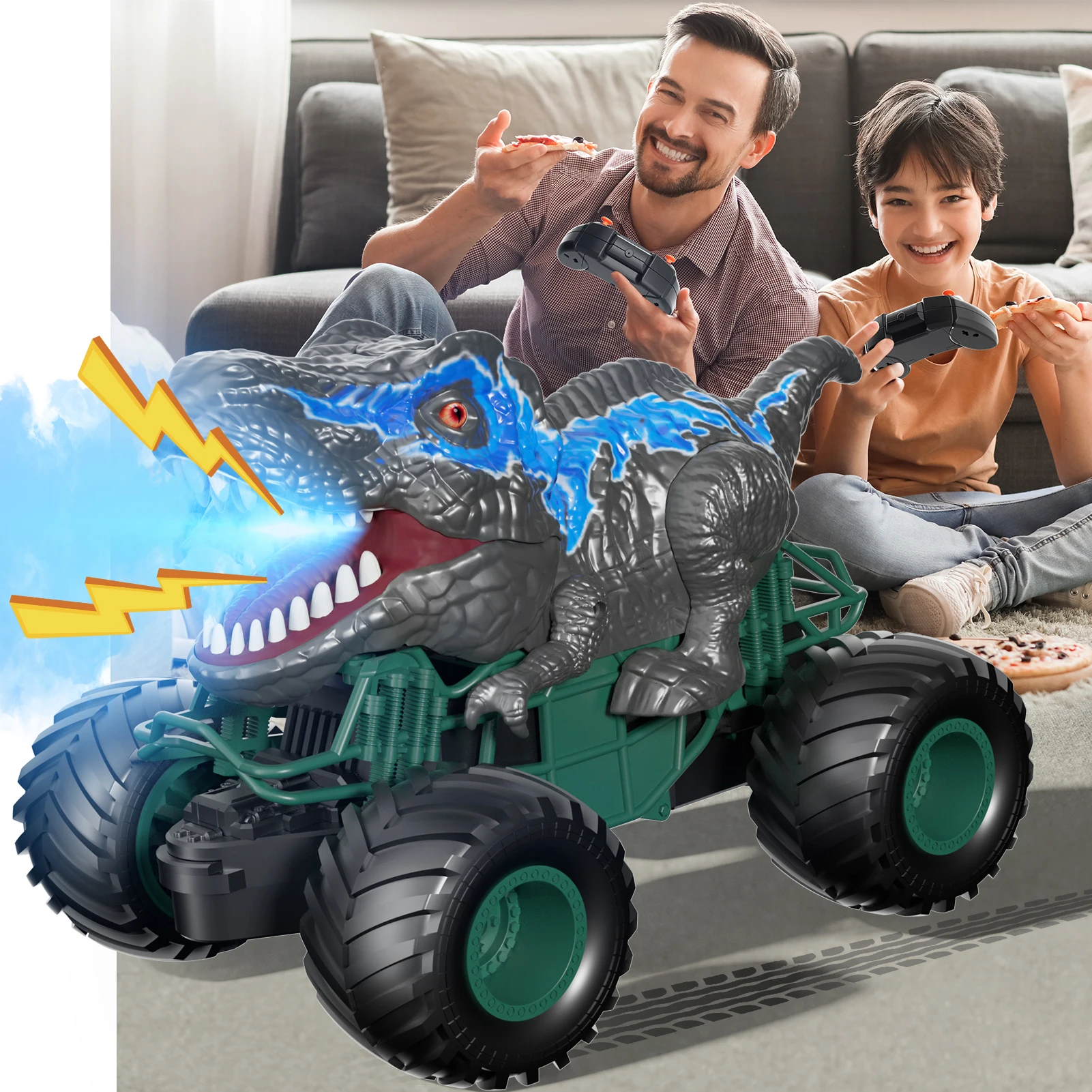 2.4GHz Dinosaur Remote Control Car Toys for Kids Boys 4-7 5-7 8-12, RC Dinosaur Car Toys with Light, Sound, Spray, Indoor Outdoo 2