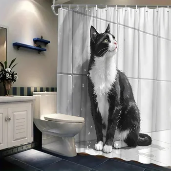 Tenda da doccia per gatti in bianco e nero monocromatica in scala di grigi inclusa 12 ganci adatta per una moderna tenda da doccia per bagno 1