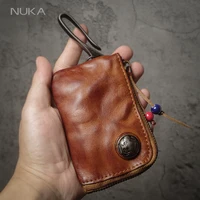 NUKA Top Cowhide Car Key Bags Men Women Vintage  Zipper Coin Purse Genuine Leather Wallet Card Holde ‌Housekeeper Home Organizer