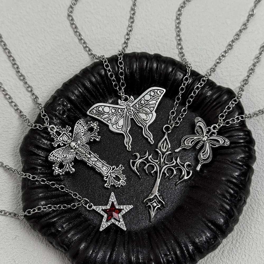 Y2K Gothic Silver Butterfly & Cross Pendant Necklace Set, Vintage Moth & Star with Red Crystal Necklaces, Punk Jewelry for Wo 2