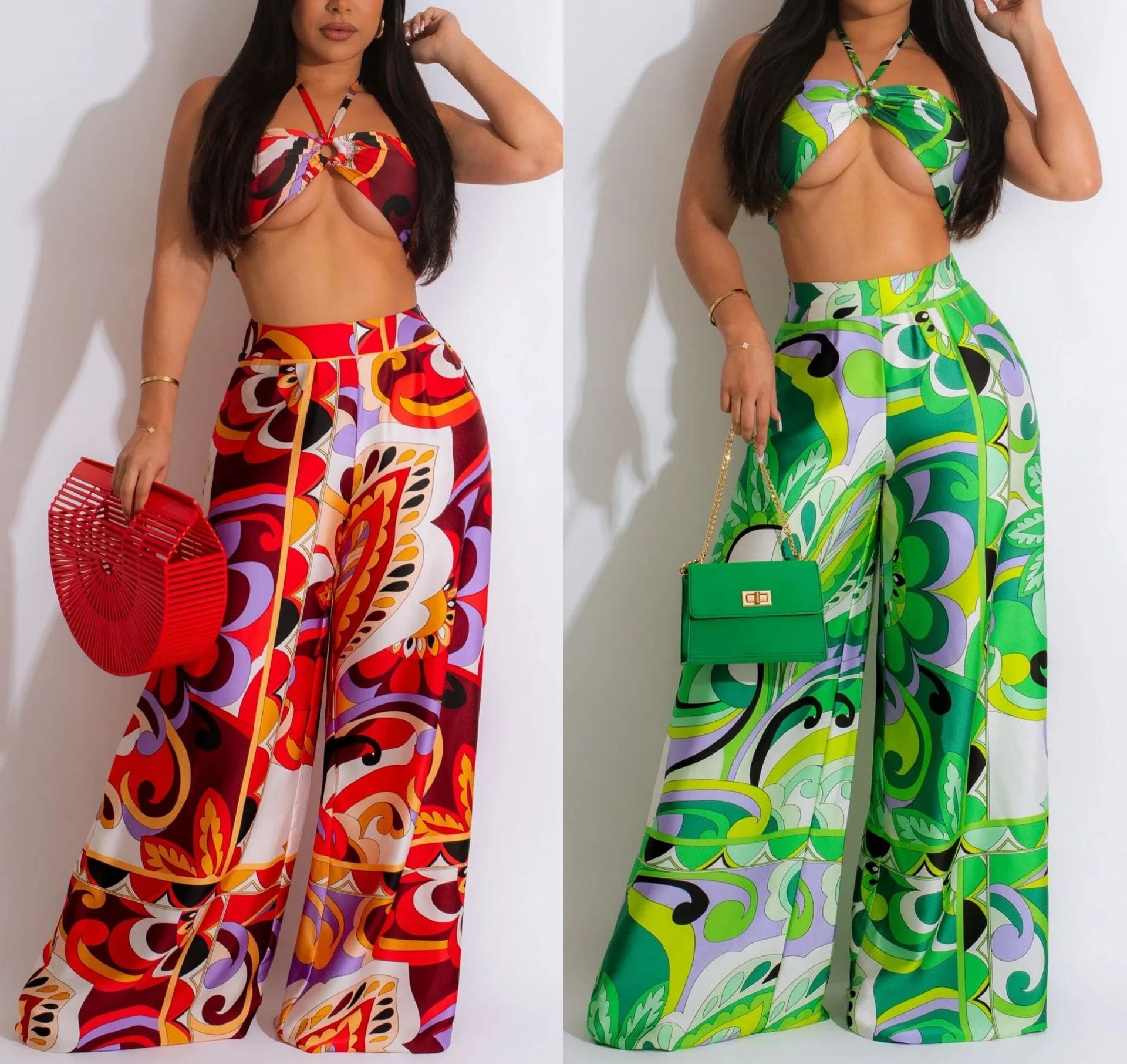 

2023 Spring and Summer Women's New Pants 2-piece Set, Sexy Hanging Neck Ties Wrap Printed Wide Leg Pants Straight Pants Set