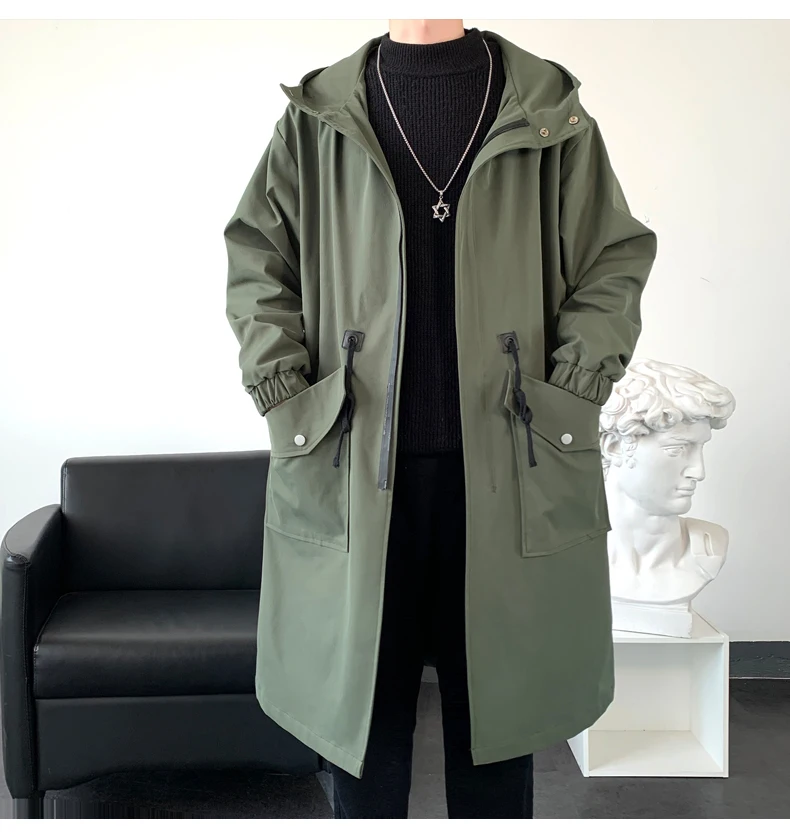 Trench Coat Mens New Fashion Army green Overcoat Men Casual Windbreaker Solid Long Coat Male Autumn Homme Black/Khaki/Army green - 3