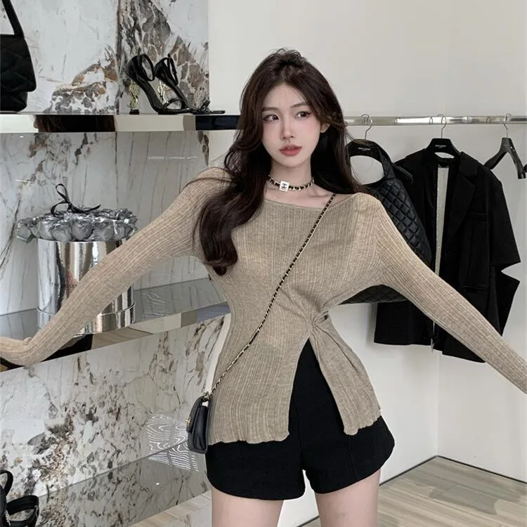 

Sexy Chili Girl Style Women's knitted sweater strapless Lower fork Long sleeved T-shirt Loose fitting top High quality knitwear