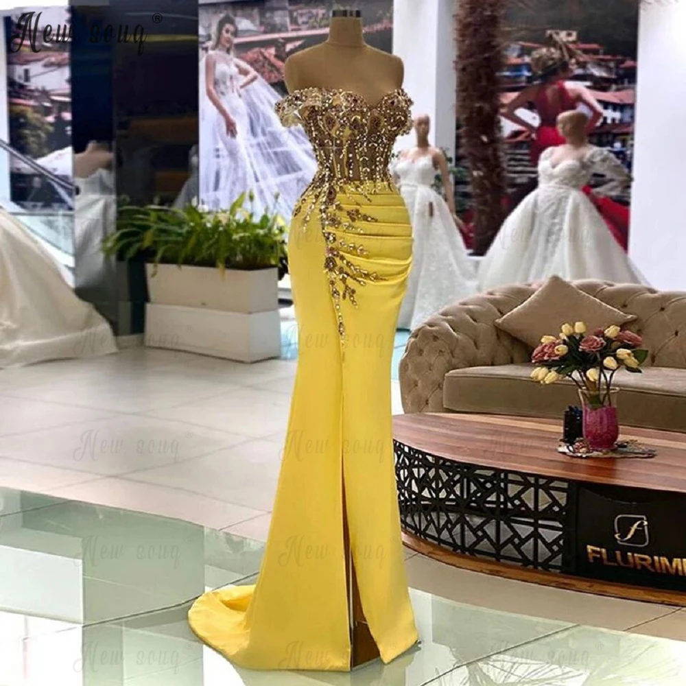 

Gold Mermaid Aso Ebi Evening Gowns Off Shoulder Lace Beaded Handmade Crystals Corset Long Prom Dresses High Split De Soiree