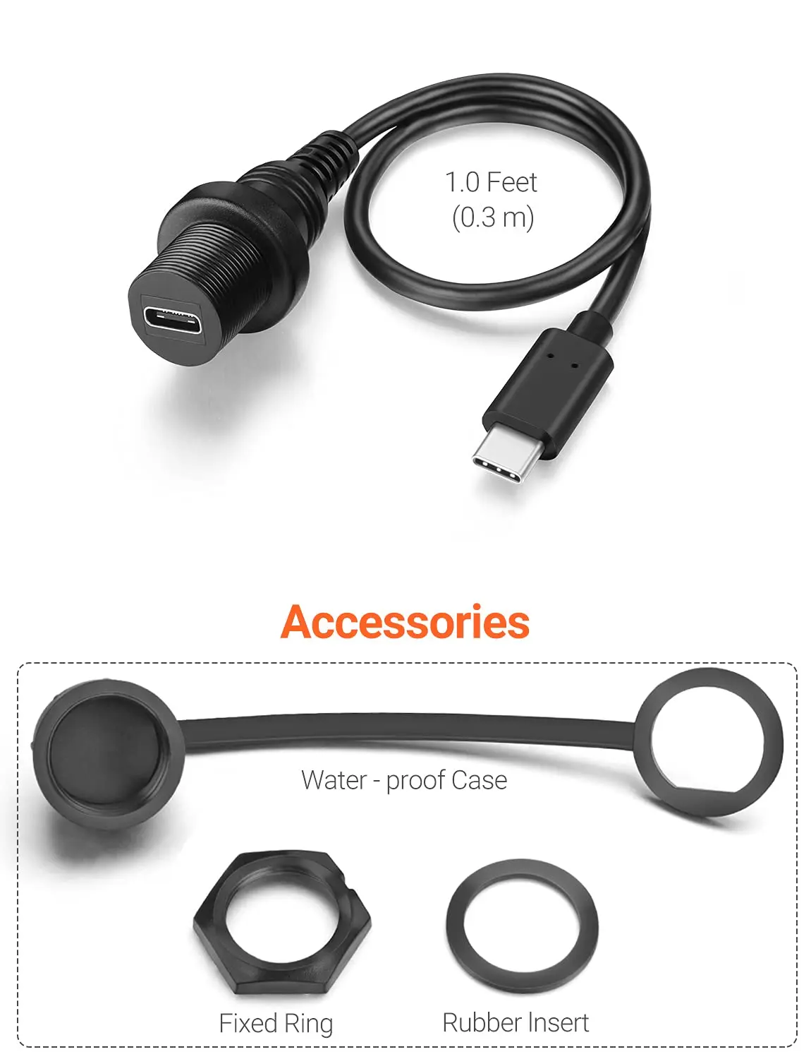 소형 홀 USB 2.0/3.0/3.1 타입-C 암수 대시보드 매립형 케이블 (방수 키트 포함, 자동차, 보트, 오토바이용)