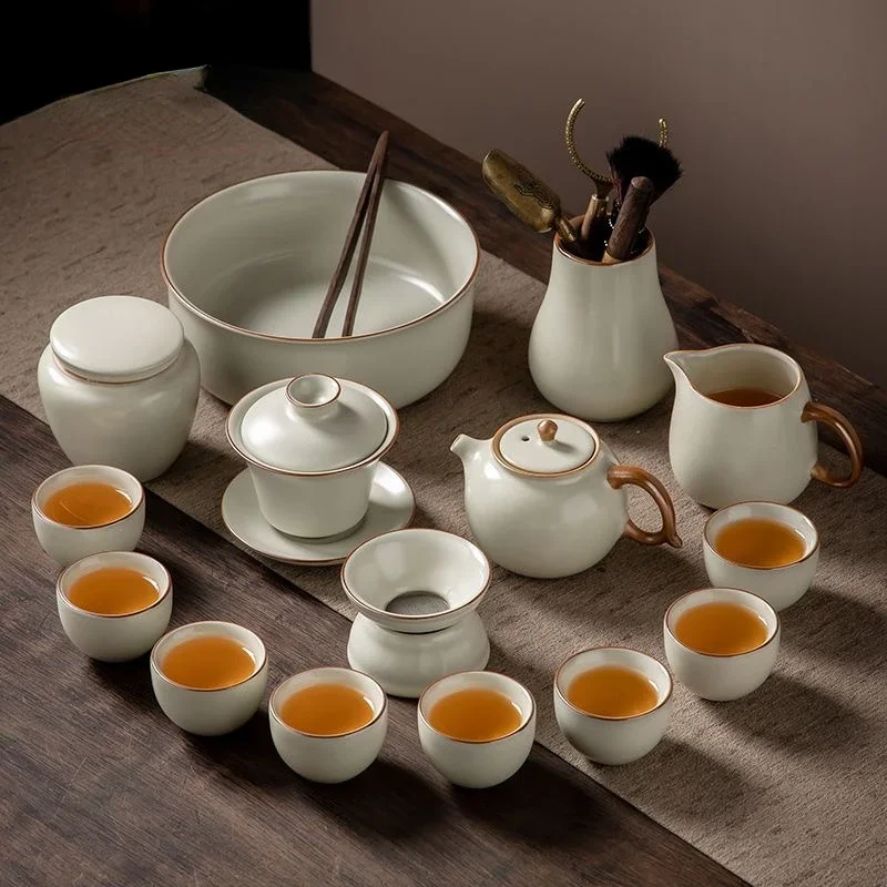 Rice Yellow Ru Kiln Tea Set with Tea Pot, Lid, Bowl and Cup in Light Luxury Style for Home Use