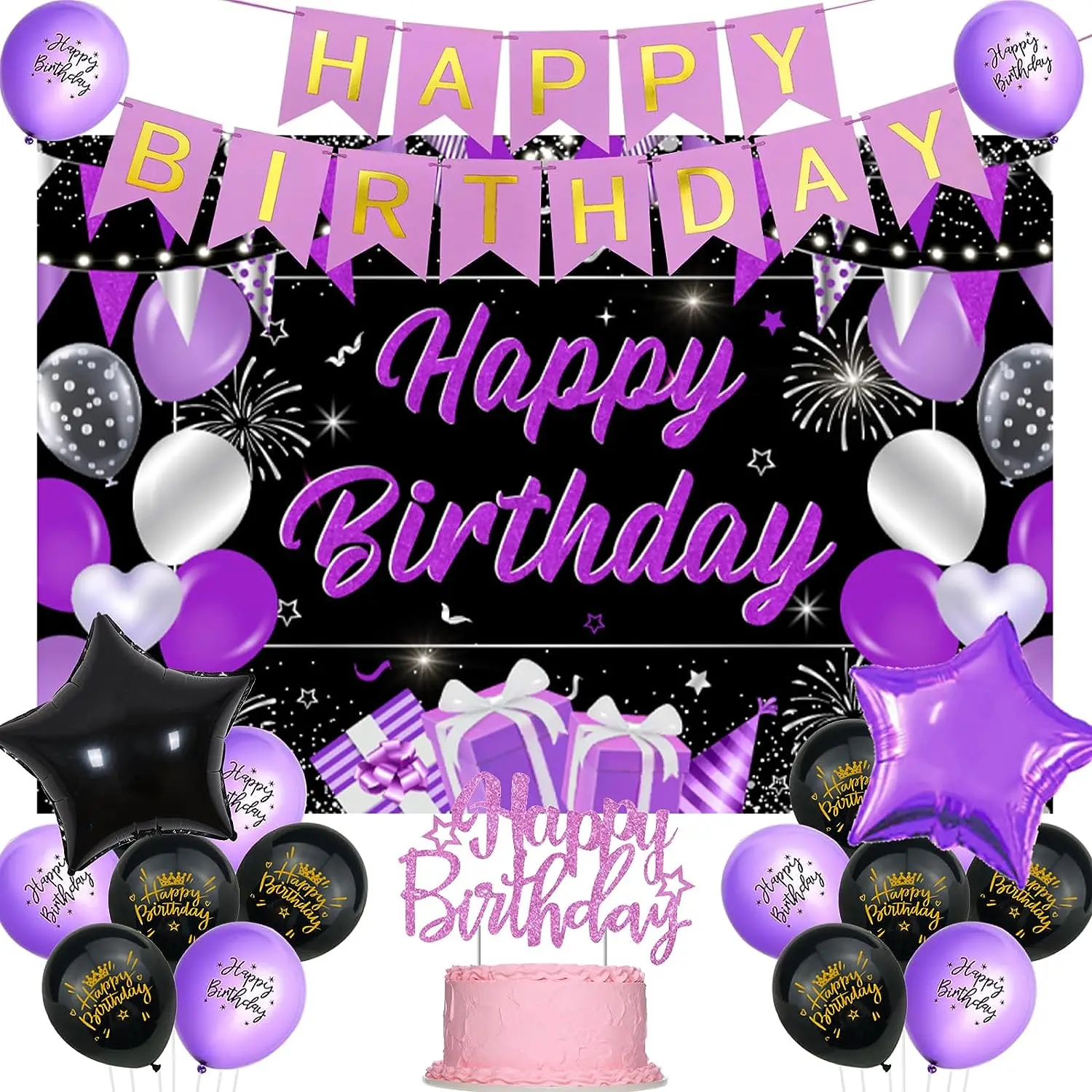 

Purple and Black Birthday Party Decorations for Women and Girls, Happy Birthday Banner, Cake Topper, Backdrop