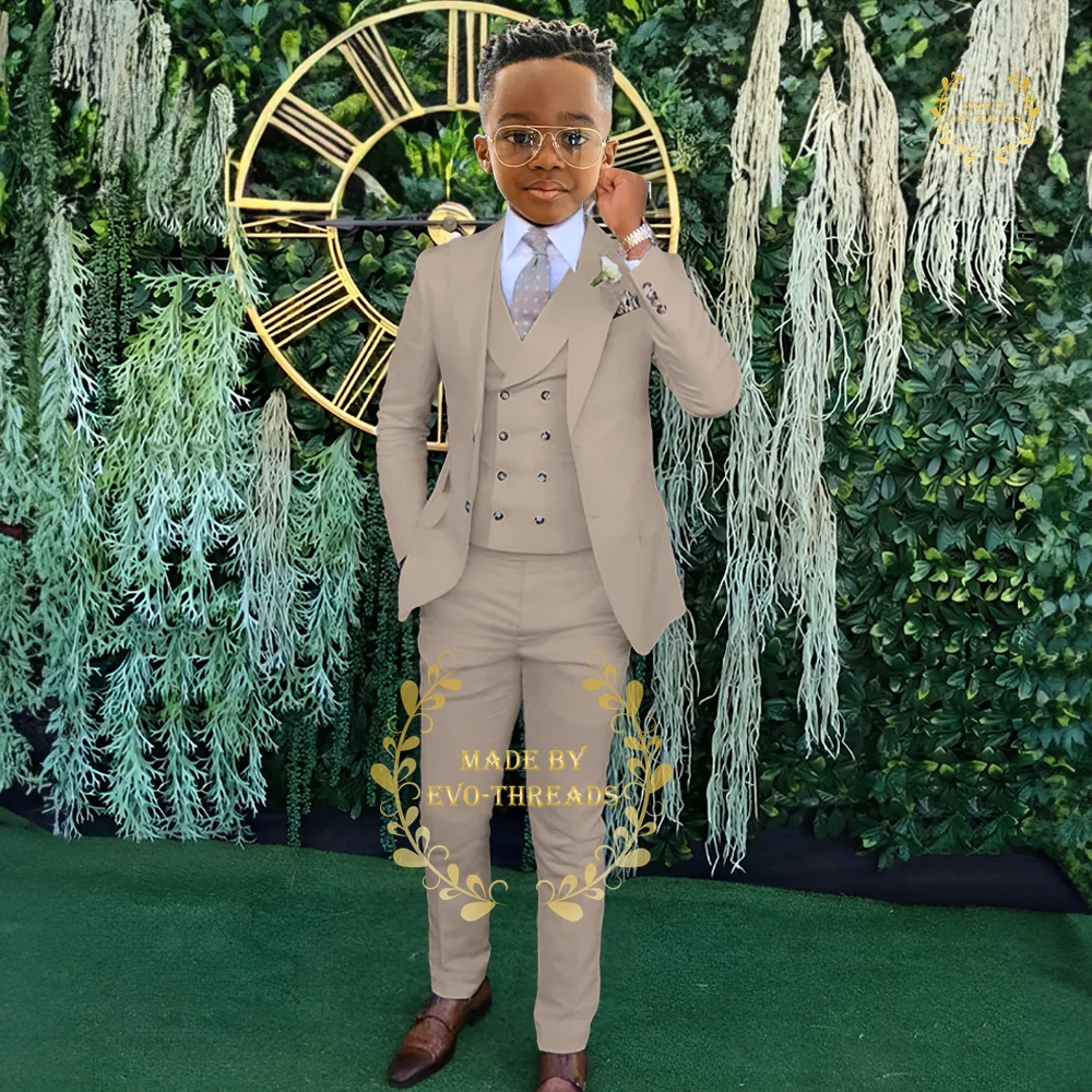 Boys Suits Beige 3-Piece Slim Fit Jacket Vest Pants Kids Outfit Formal Attire for Wedding Campus Prom Birthday Party boys formal suit set