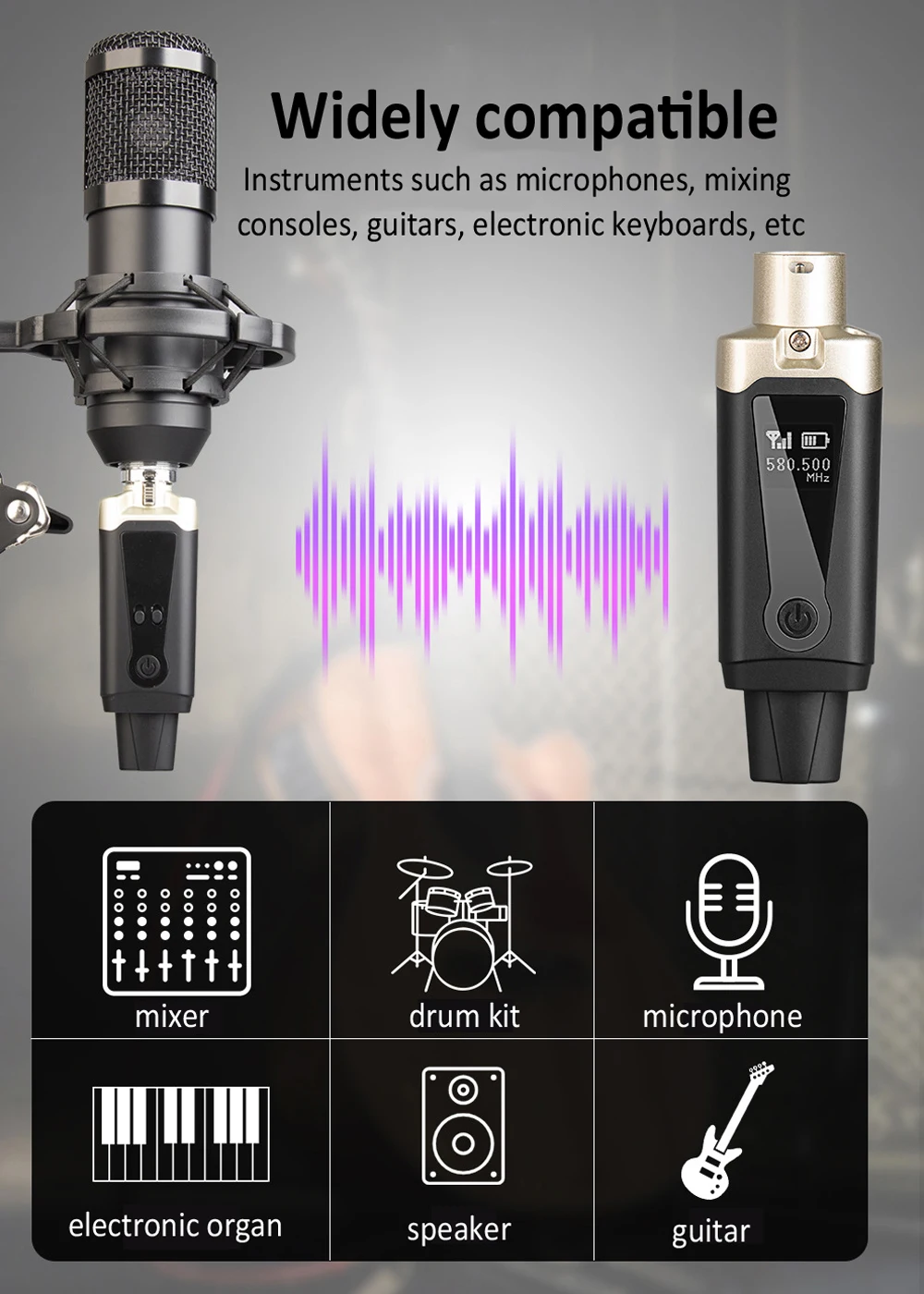 Wireless Microphone System XLR Mic Converter Transmitter and Receiver UHF Automa