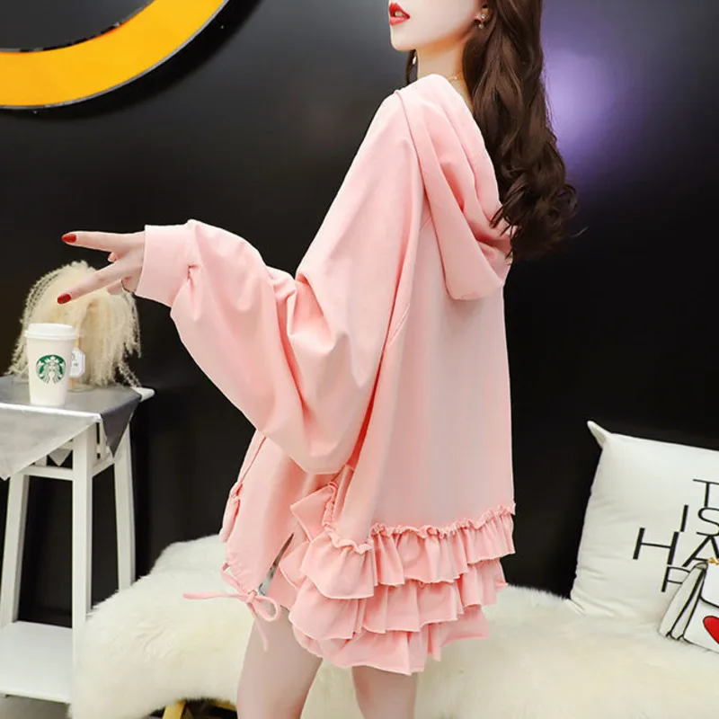 

Autumn Women Oversized Casual Hoodie Layer Ruffles Hem Loose Hooded Sweatshirt Drop-Shoulder Split Side Lace Up Pullover Tops